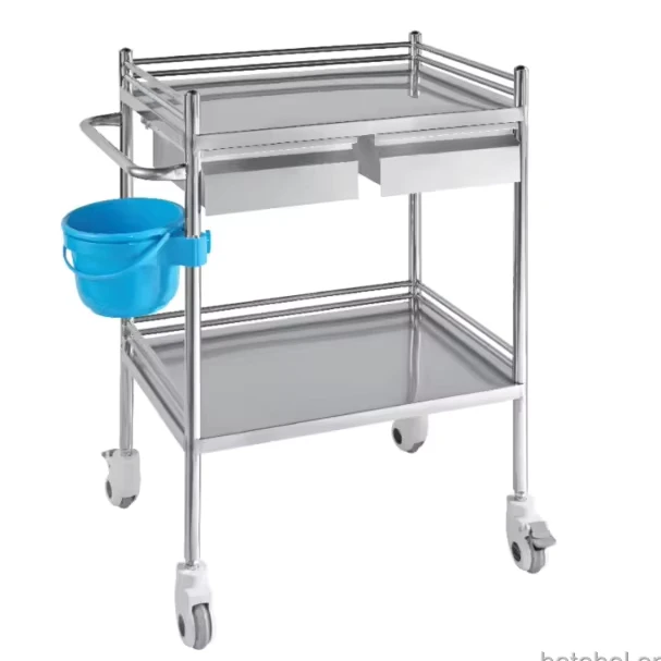 304 Stainless Steel Double Layer Dental Instrument Trolley with Built in Double Drawer Professional Medical Clinic Cart