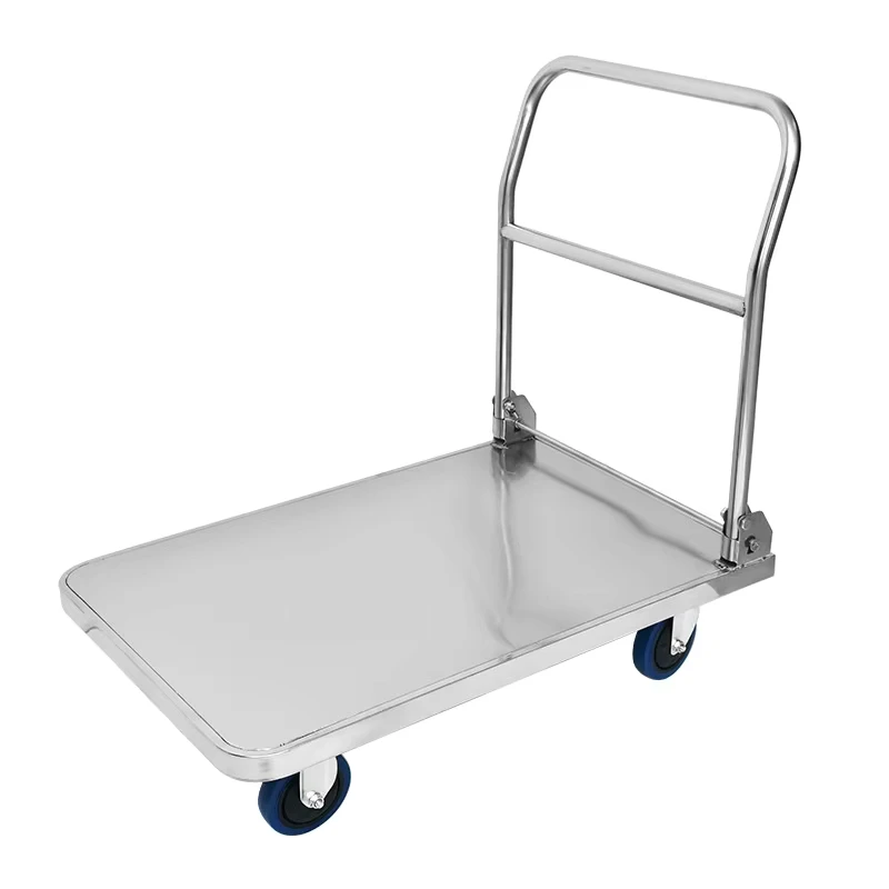 304 Stainless Steel Four Wheel Flatbed Cart Folding Trolley with Mute Pull for Warehouse for Hand Carts & Trolleys