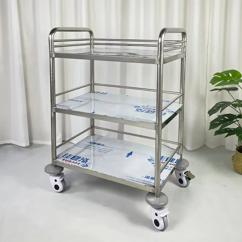 304 Stainless Steel Medical Trolley Hospital Rolling Cart Multi Functional Service Cart with Anti Collision Silent Casters