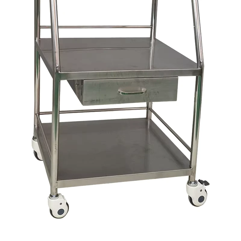 304 Stainless Steel Modern Commercial Furniture Medical Trolley Mobile Cart with 3 Layers for Hospital & School Use Handrails