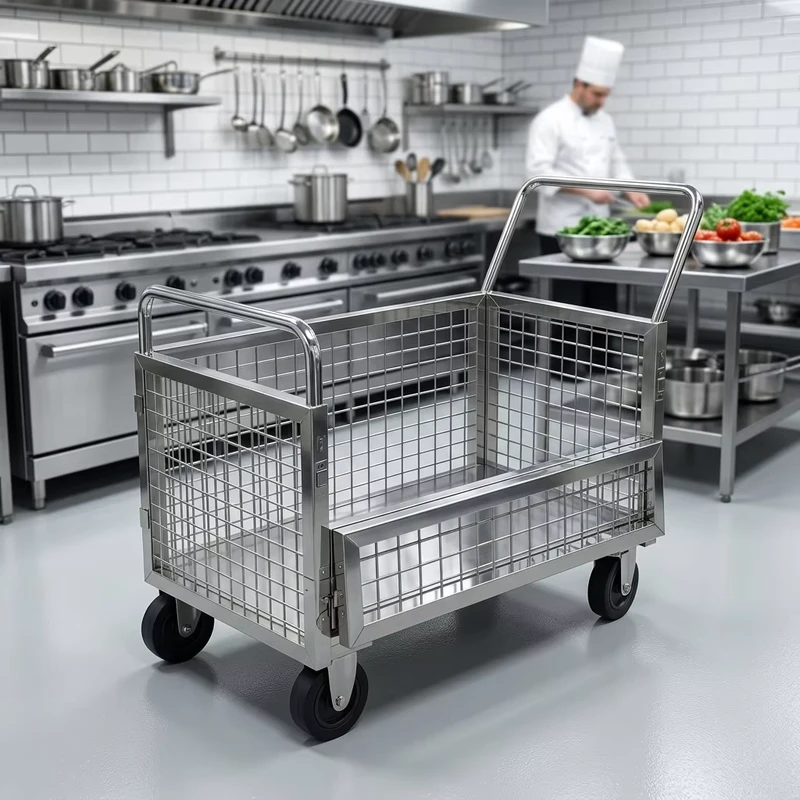 304 Stainless Steel Silver Restaurant Use Utility Cart Gate Anti Rust Heavy Duty Folding Floor Mounted Hand Truck
