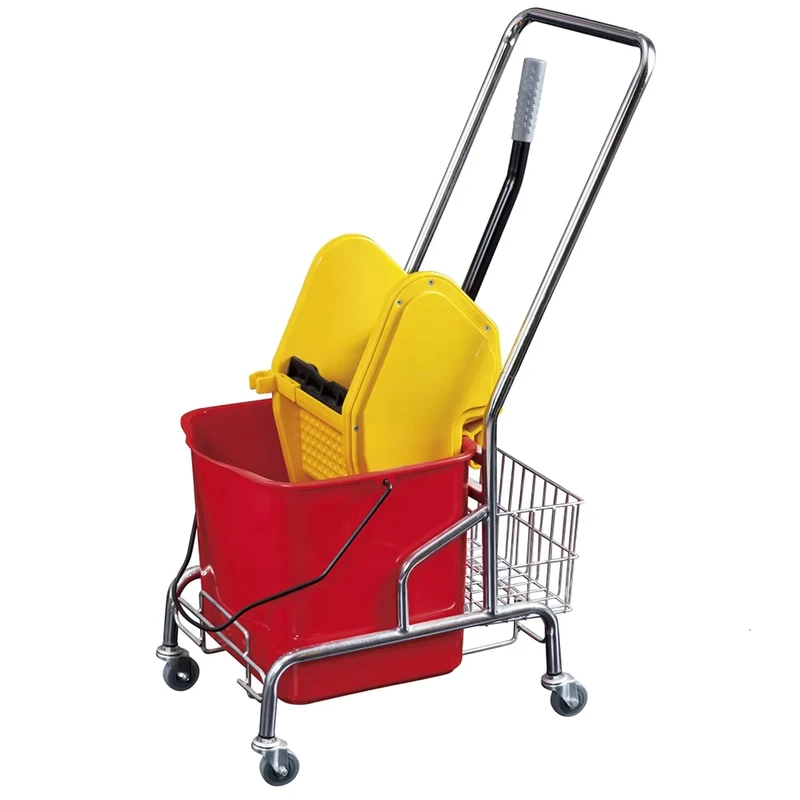 30L Wheeled Side Press Wringer Mop Bucket With Heavy Duty Steel Frame Portable Floor Cleaning Squeeze Water Trolley
