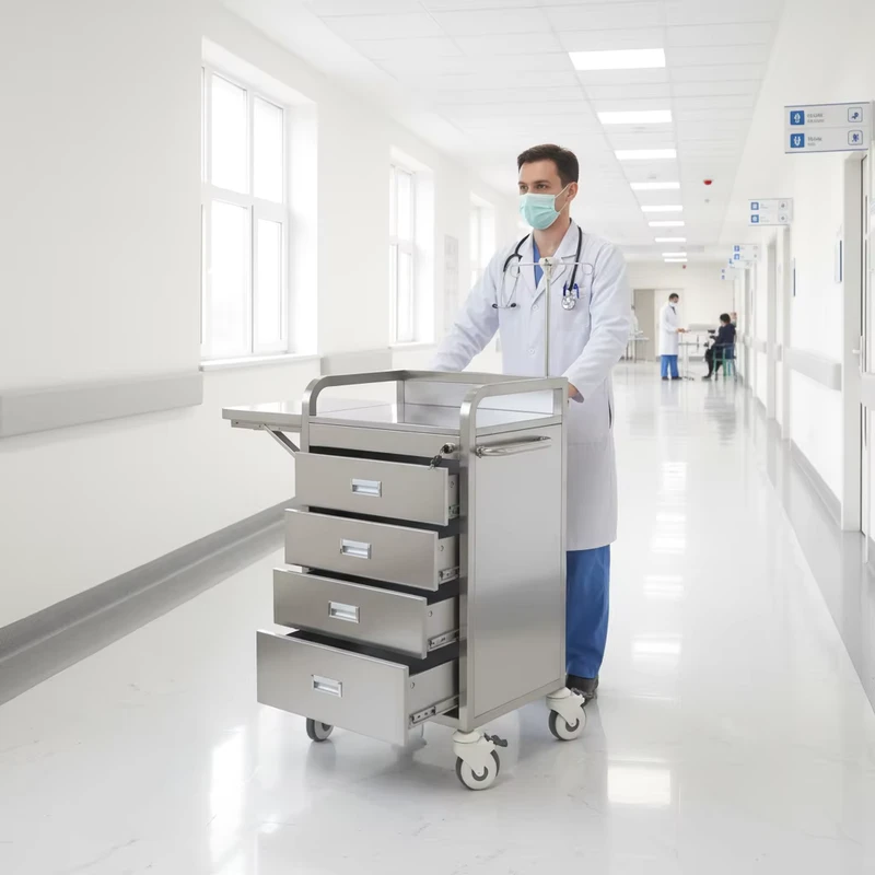 32 Width Stainless Steel Hospital Furniture ICU ER Emergency Trolley with Locking Drawers 40 lb Load Capacity