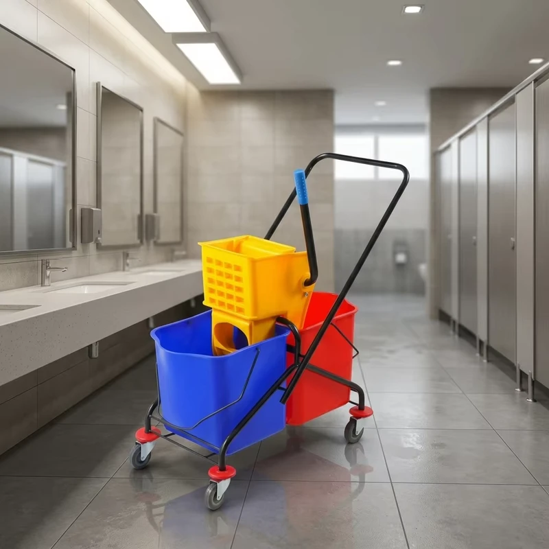 32L Double Bucket Mop Wringer Trolley Side Press Down Press Wringer Janitorial Cleaning Cart