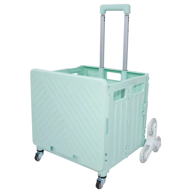 35kg Lightweight Metal & Plastic Stair Climbing Rolling Crate Shopping Cart Folding Six wheel Mint Green Customizable Trolley
