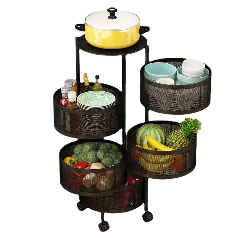 360 Degree Rotating 5 Tier Kitchen Storage Standing Shelf Multi layer Household Storage Rack Round Trolley