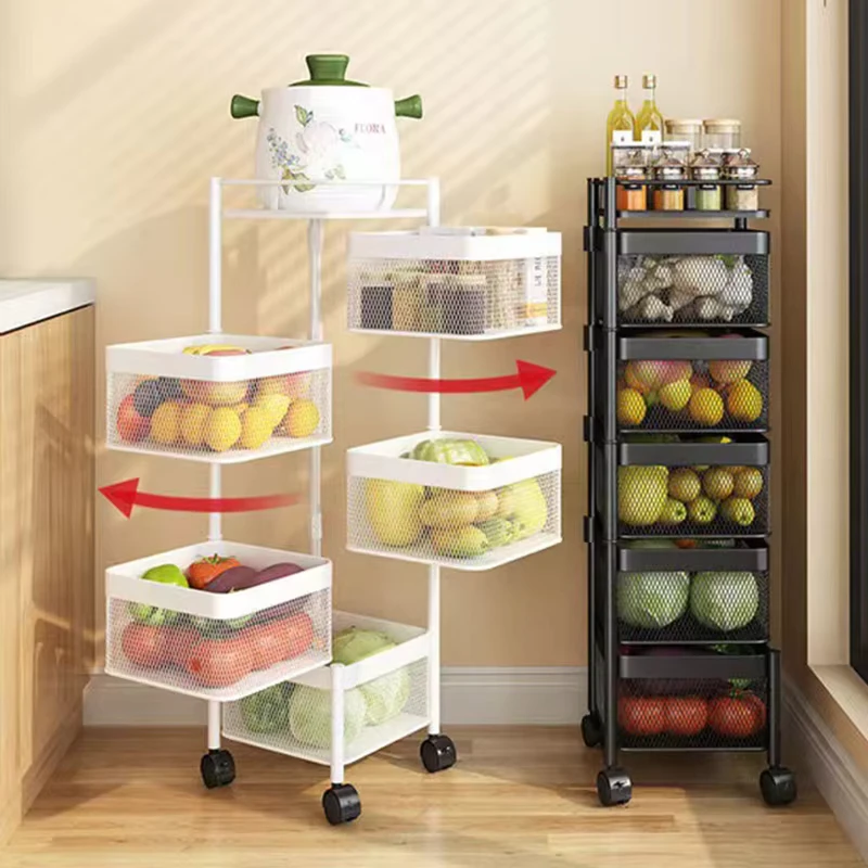360 Degree Rotating Baskets Rack 5 Tier Rack Kitchen Trolley Cart Rotatable Storage Vegetable Basket With Wheels