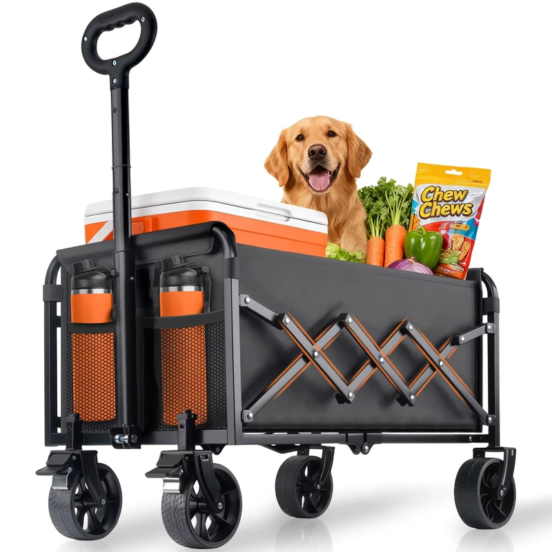 360LBS Collapsible Foldable Heavy Duty Portable Utility Wagon Cart with Brakes & Built In Cup Holder Camping