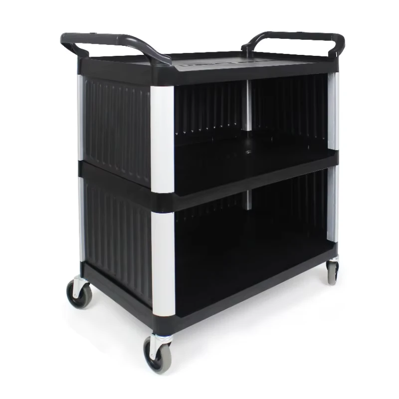 37” X 19” Restaurants Hotels Supplies Transport Wagon Plastic Service Trolley Black Utility Bussing Cart with Side Panels