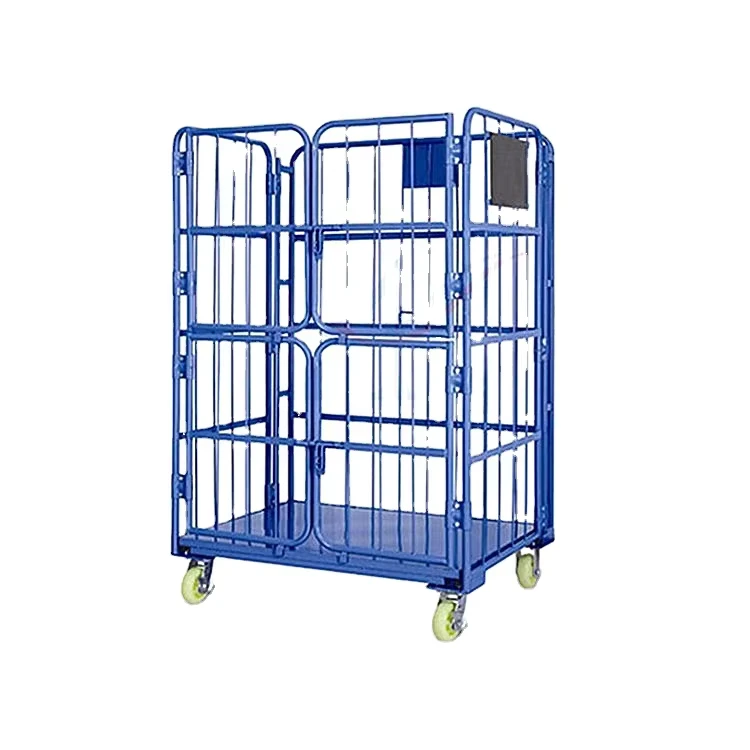 4-Door Foldable Heavy Duty Steel Wire Powder Coated 500kg Capacity Warehouse Storage Cart Trolley