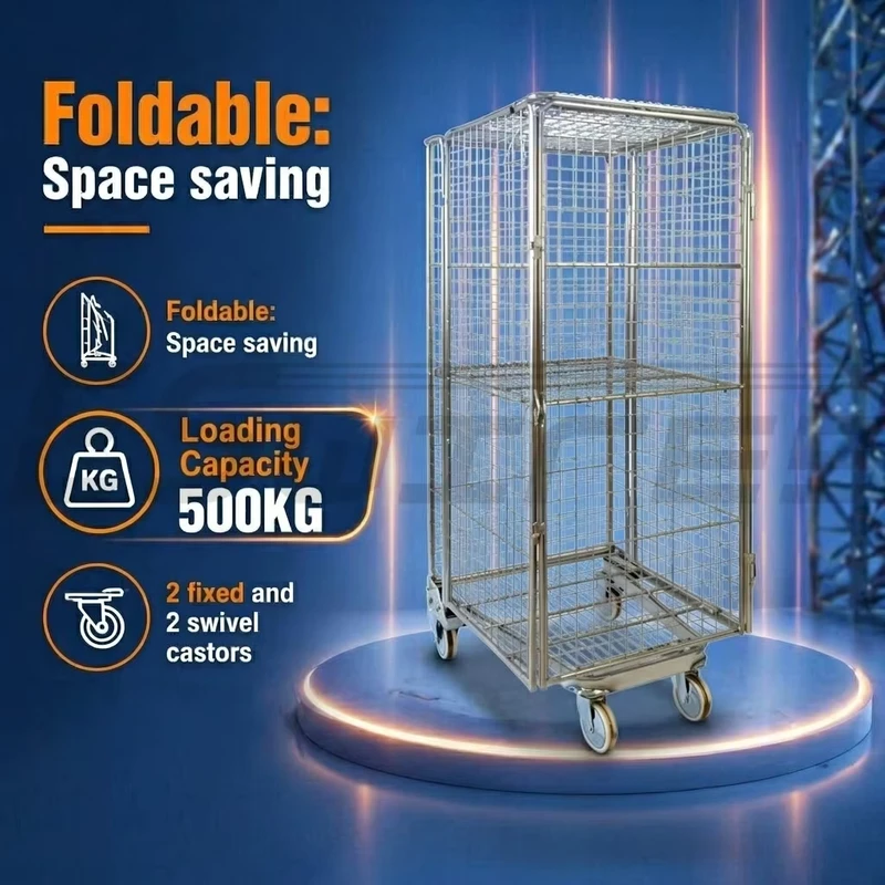 4 Sided Nestable Foldable Logistics Wire Mesh Roll Cage Container Trolley