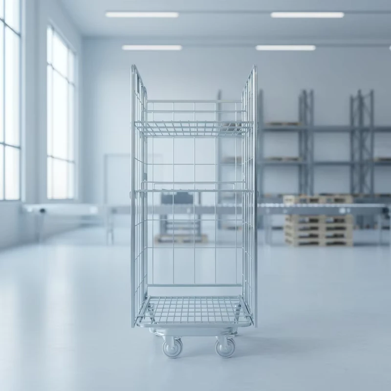 4 Sided Roll Cage Metal Pallet Trolley with Mesh Panels for Secure and Visible Stock Storage in Factories