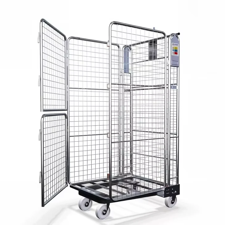 4 Sided Wire Mesh Rolling Cage Cart Nestable for Warehouse Inventory Foldable Cargo Storage Roll Cage Trolley in Mild Steel