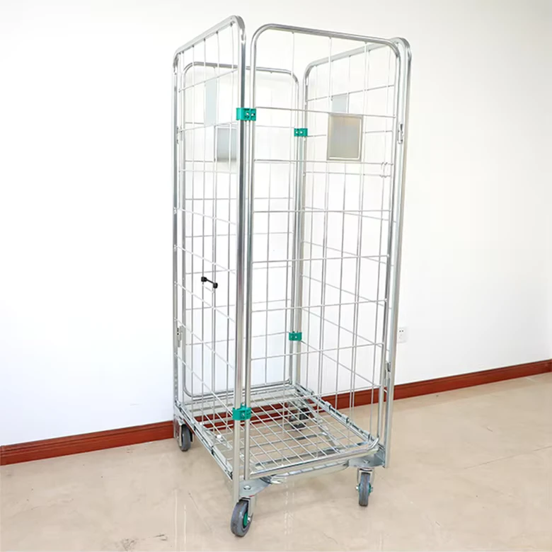 4 Sides Foldable Steel Wire Mesh Rolling Trolley Cage Roll Container with 500kg Load Capacity for Logistics Cargo Transport OEM