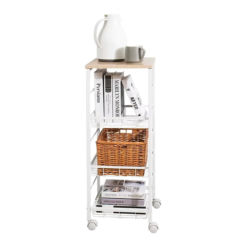 4 Tier Metal Rolling Utility Cart Kitchen Trolley Rolling Storage Cart Utility Trolly with Wood Board and Wheels
