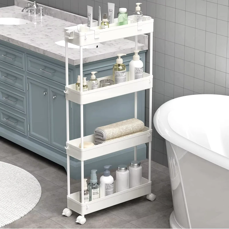 4 Tier Slim White Storage Cart Mobile Rolling Shelving Unit for Kitchen Office Laundry and Bathroom Narrow Spaces