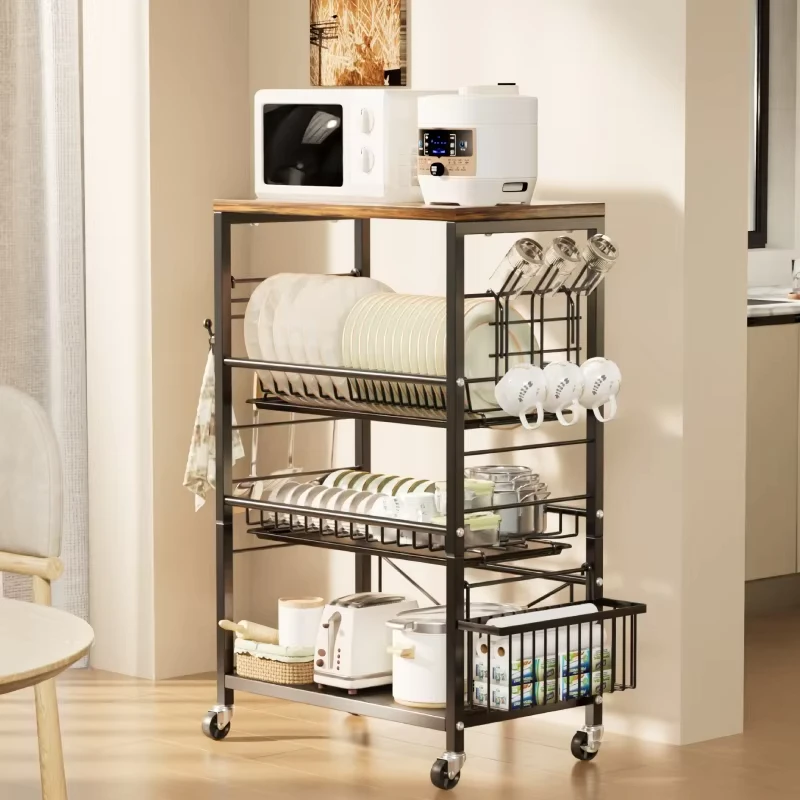 4 Tier Table Stand Kitchen Utility Microwave Cart On Lockable Wheels Coffee Shelf Rack Organizer For Living Room Office Balcony