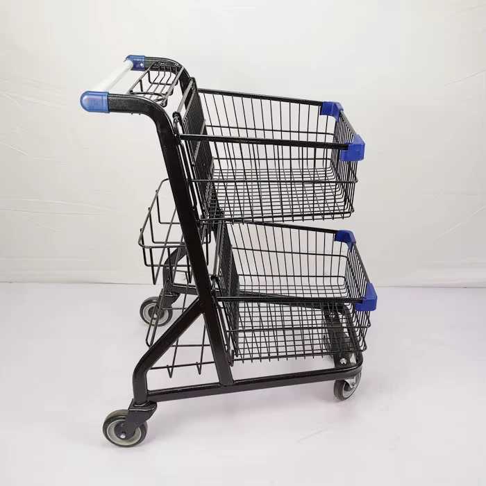 4 Wheels 80L Factory 3 Baskets Black Metal Trolley Shopping Cart for Supermarket