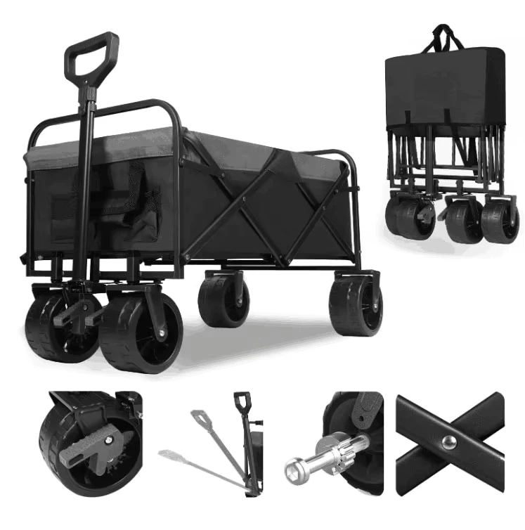 4 Wheels Fishing Trolley Cart Camping Beach Wagon All Terrain Utility Metal Portable Collapsible Camping Cart Trolley
