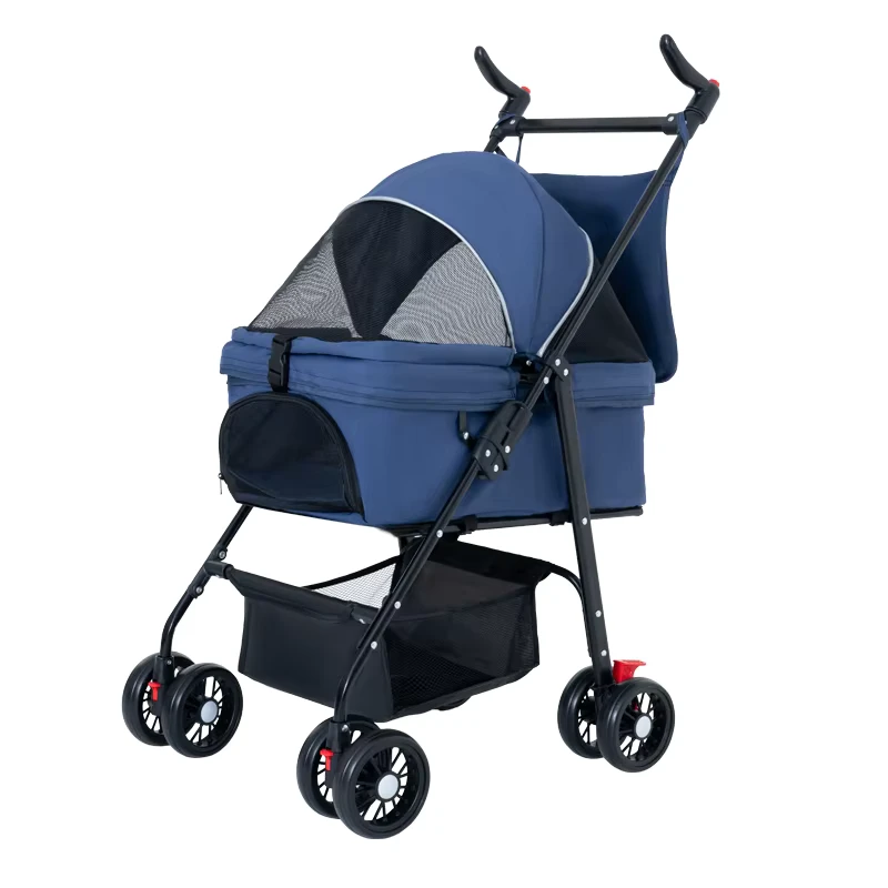 4 Wheels Pet Stroller 1 Click Fold Easy Fold Dog Puppy Cage Jogger Stroller with Breathable and Visible Mesh