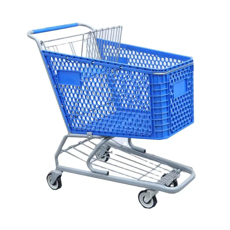 4 Wheels Unfolded Plastic Supermarket Shopping Trolley Cart with Baby Seat for Shopping Mall Use