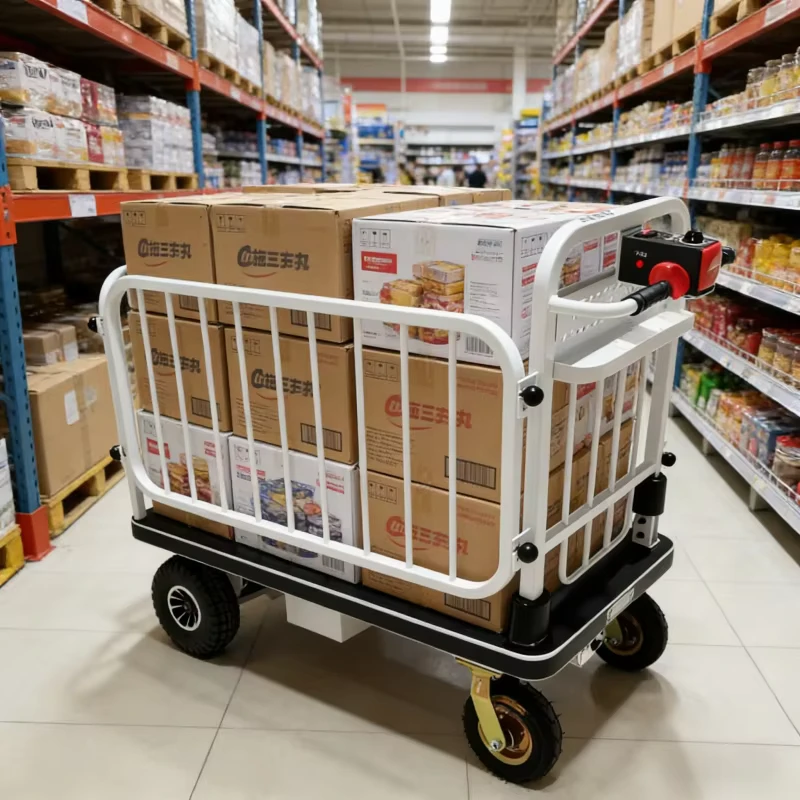 400W Electric Motor Foldable Industrial Steel Platform Trolley with 500kg Capacity and Motorized Wheels for Heavy Duty Use