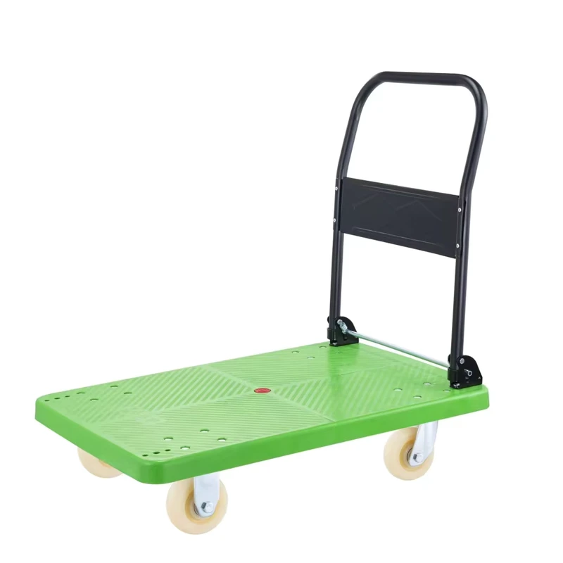 400kg Heavy Duty Four Wheel Plastic Hand Truck Cart Green Color Foldable Platform Trolley OEM for Warehouse Shopping Tools