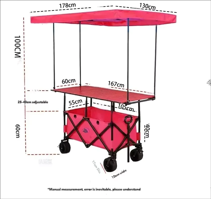 420L 4 Position Height Adjustable Heavy Duty Folding Wagon with Canopy Pink Wide Wheels for Camping Vendor’s Cart