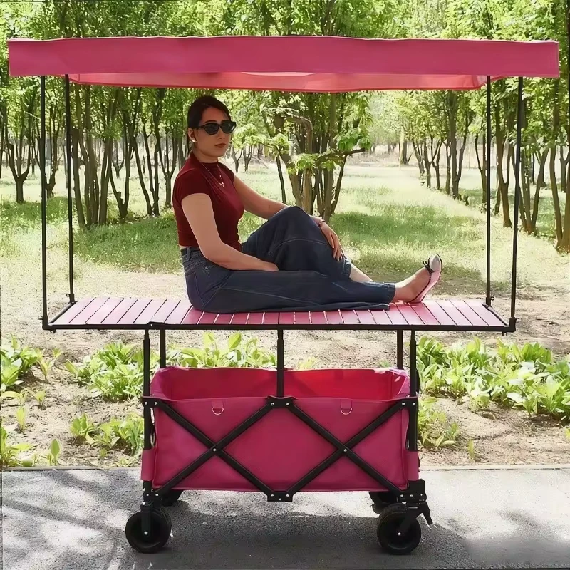 420L High Quality 4 Position Height Adjustable Heavy Duty Folding Wagon with Canopy Pink Wide Wheels for Camping and Vendor’s Cart