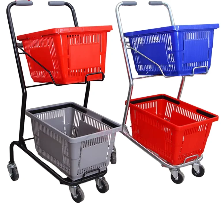 45L Plastic Personal 2 Tier Double Basket Shopping Cart Trolley for Supermarket