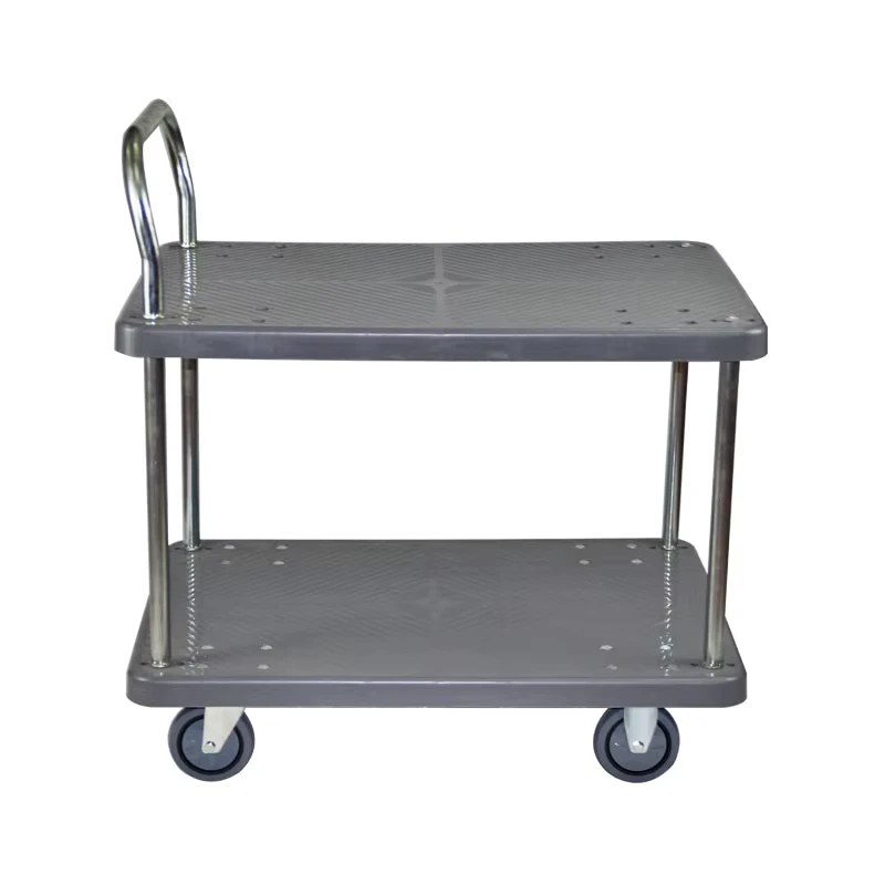 48*72cm 150kgs Load Single Handrail Two Layer Platform Utility Trolley 2 Tier Plastic Service Trolley Plastic Cart