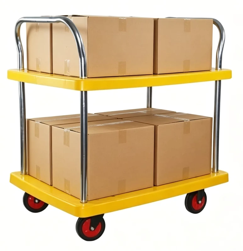480*720*960mm 150kgs Two Tier Trolley Double Deck Plastic Platform Hand Cart Double Handrail Without Guardrails