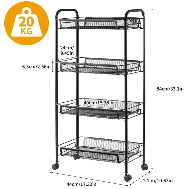 4Tier Metal Mesh Rolling Cart with Wheels Space Saving Wire Basket Storage Organizer Kitchen Bathroom Pantry Laundry Small Space