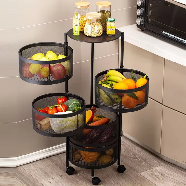 5 Layers 360 Degree Movable Kitchen Vegetable Storage Rack Household Round Trolley Organizer Rack Rotation Vegetable Shelves