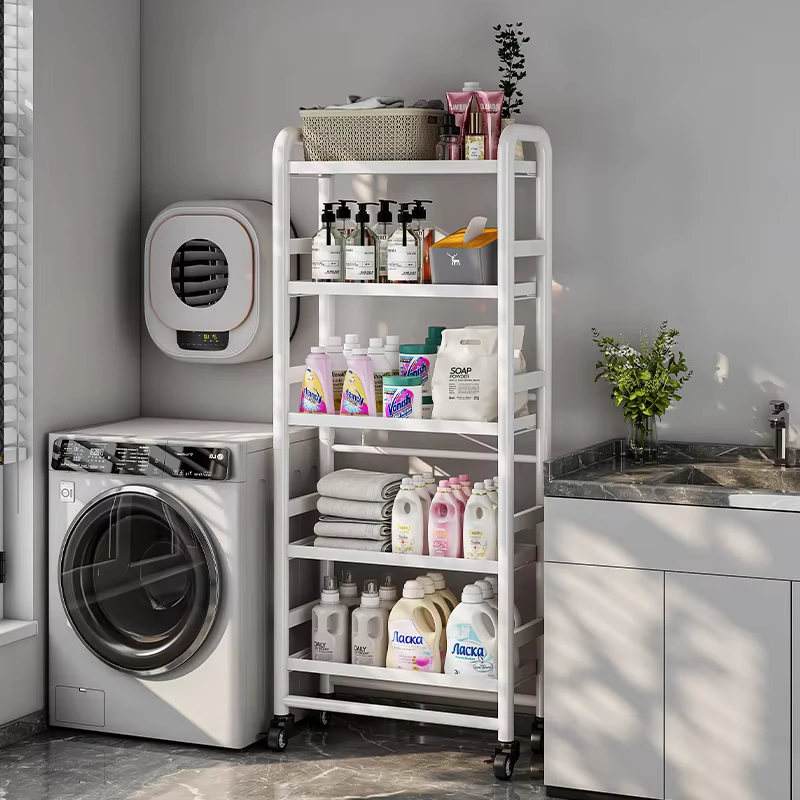 5 Tier Metal Storage Trolley Utility Rolling Cart with Lockable Wheels Multifunctional Household Organizer for Kitchen Bathroom
