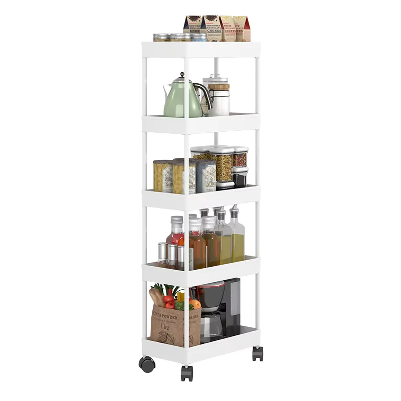 5 Tier PP Bathroom Rolling Utility Cart Slide Out Storage Organizer Mobile Shelving Slim Storage Cart for Office