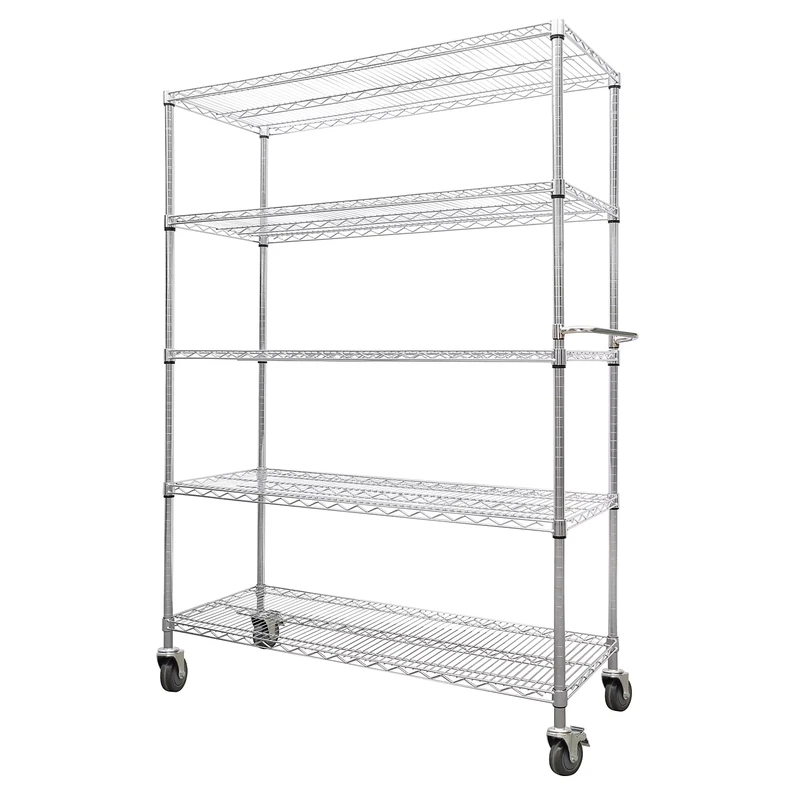 5 Tiers 60″ X 18″ X 72″ Compact Movable Steel Wire Shelf Rack Trolley for Household Sundries Bulk Toys Storage
