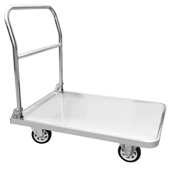 50*70cm Hand Cart Trolley Platform Stainless Steel Four Wheel Industrial Folding Trolley 150kg Load Capacity