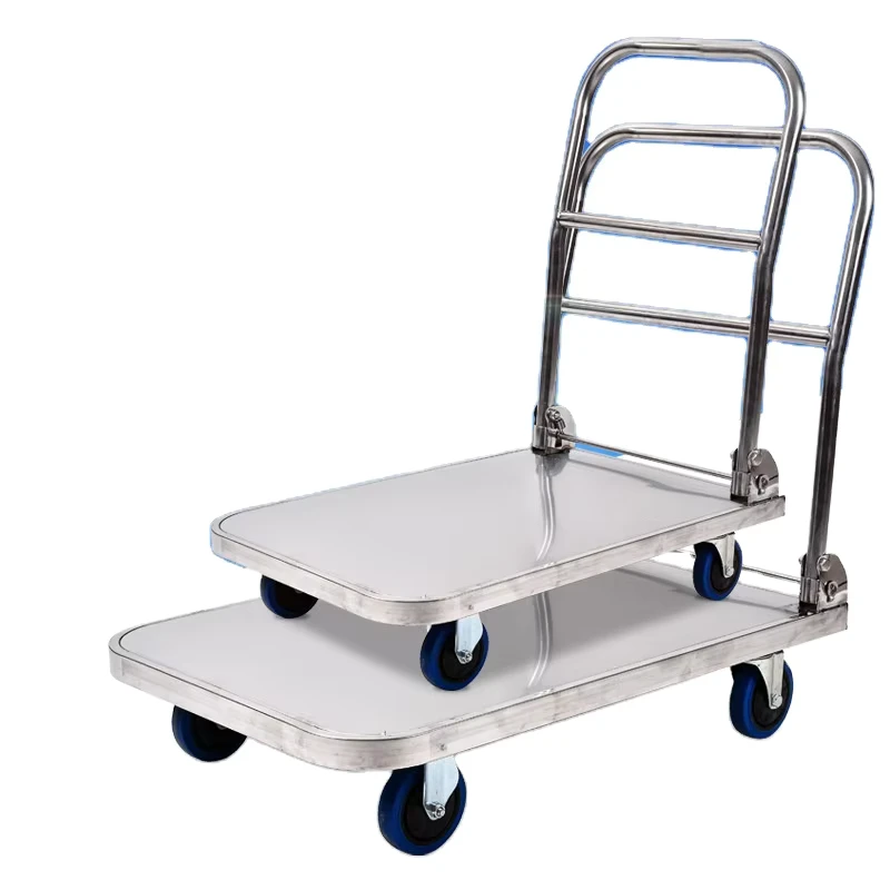 500 kg Stainless Steel Warehouse Workshop Industrial Supermarket Logistics Foldable 4 Wheel Platform Hand Push Cart Trolley