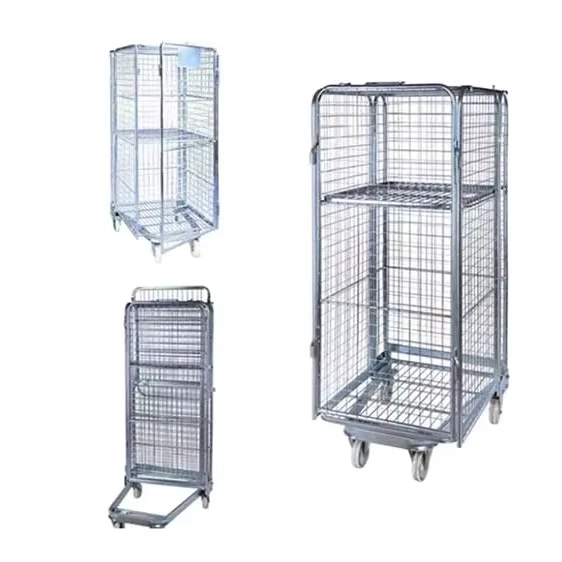500KG Loading Capacity 4 Sided Foldable Roll Container Collapsible Roll Trolley Cage With Wheel