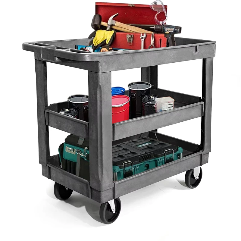 500LBS Heavy Duty 3 Shelf Rolling Plastic Service Utility Cart for Warehouse Repair Shop Garage