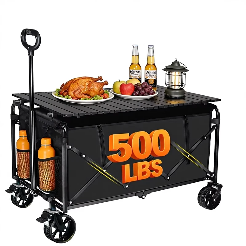 500LBS Heavy Duty Collapsible Foldable Compact Black Utility Cart 360 Swivel Brakes 4 Wheels 2 Cup Holders for Camping