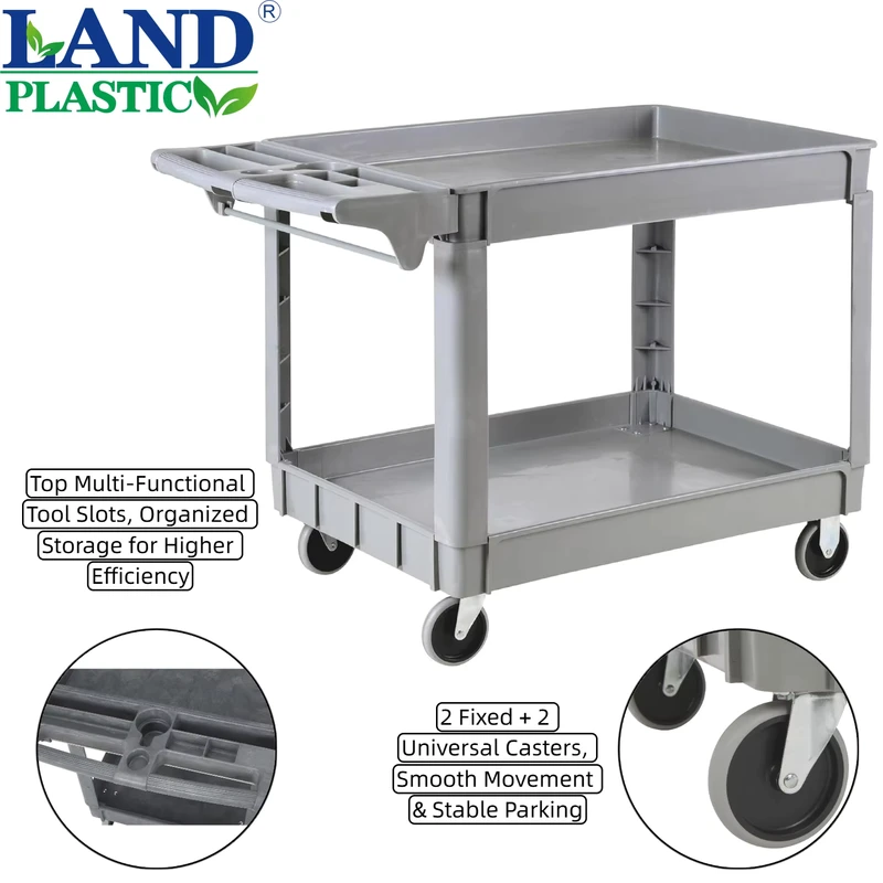 550 Lbs Double Tier PP Utility Cart Flexible Casters Multi Shelf for Warehouse Garage Manufacturing Standing Dinnerware Style