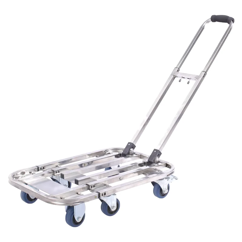 6 Wheels Platform Luggage Trolley Industrial Flat Silent Handcart Heavy Duty Foldable Stainless Steel Hand Truck