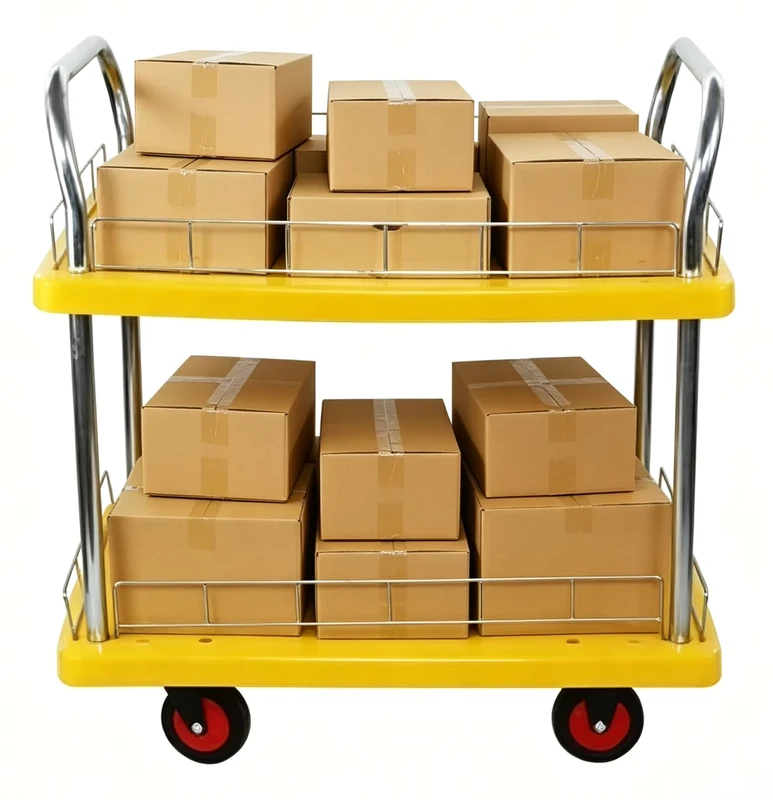 60*90cm 300kg Silent Four Wheel Casters 2 Layers Industrial Shopping Hand Trolley Double Deck Plastic Platform