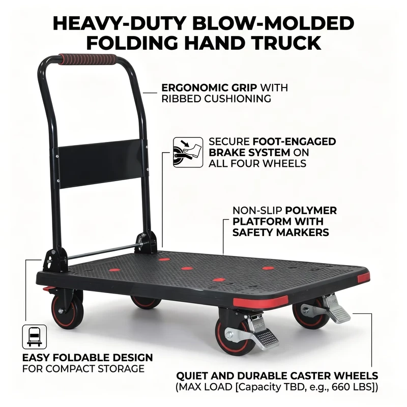 60*90cm Black Plastic Platform Folding Heavy Duty Hand Manual Truck Trolley Cart Loading 400kg Carts Trolleys