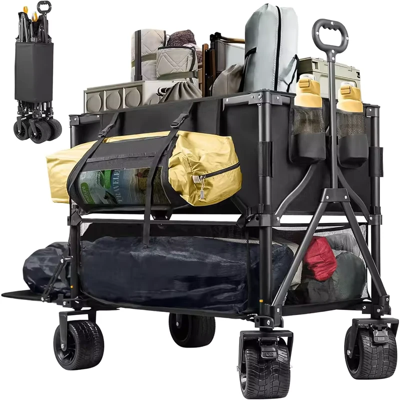600lb Capacity Double Decker 54″ Extended Utility Stainless Steel Folding Wagon Customizable Cart for Outdoor Camping