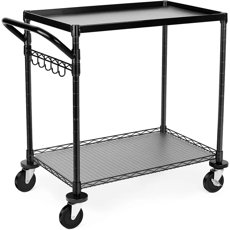 680Lbs Capacity Heavy Duty Rolling Utility Cart 2 Tier Carts With Wheels Commercial Grade Metal Cart Trolley Serving Cart Black