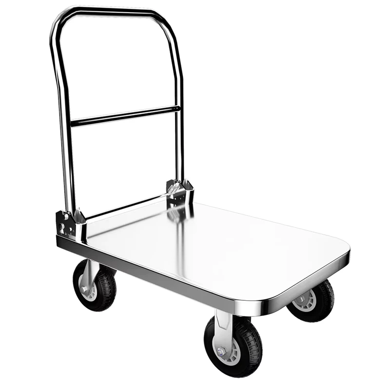 70*50CM Small Size Stainless Steel Platform Hand Trolley With Silent Wheels Foldable Handrail For Shopping Storage OEM Available