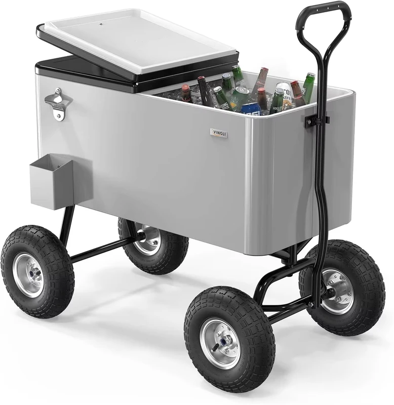 73L Portable Cooler Metal Cooler Box Keep Cold Cooler Cart with Wheels for Camping